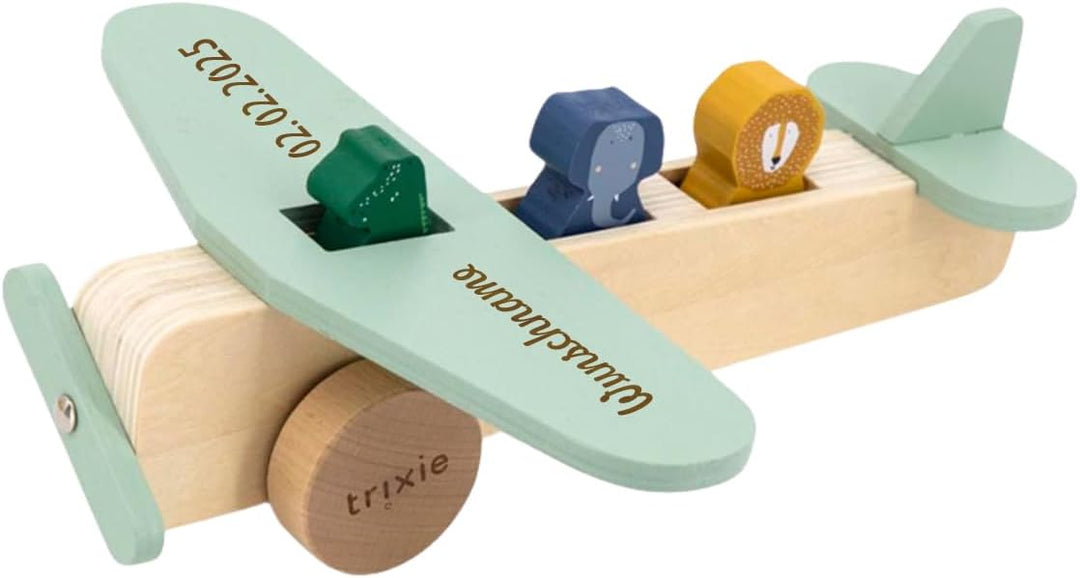 Elefantasie Trixie Flugzeug aus Holz PERSONALISIERT mit Name graviert Motorikspielzeug Holzflugzeug