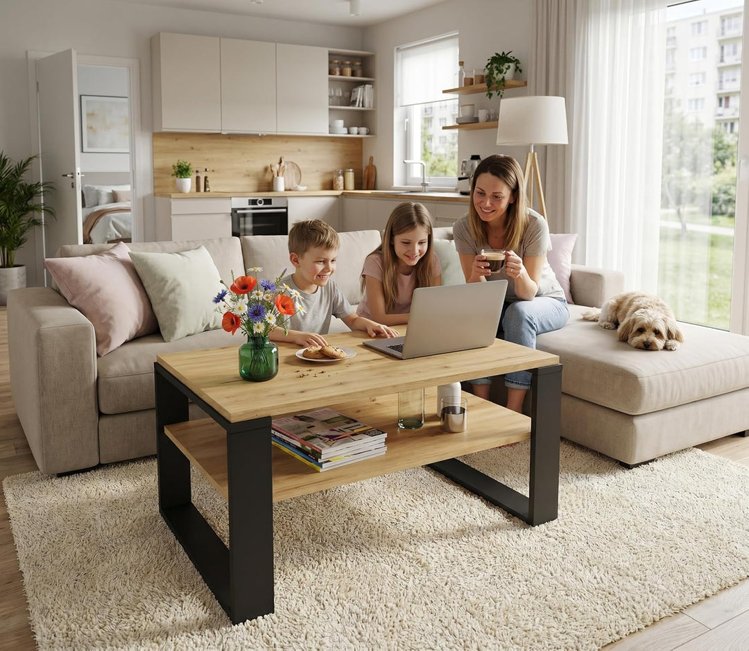 Couchtisch 91×51 cm – Wohnzimmertisch aus Holzwerkstoff, Stabiler & moderner Kaffeetisch mit zusätzl