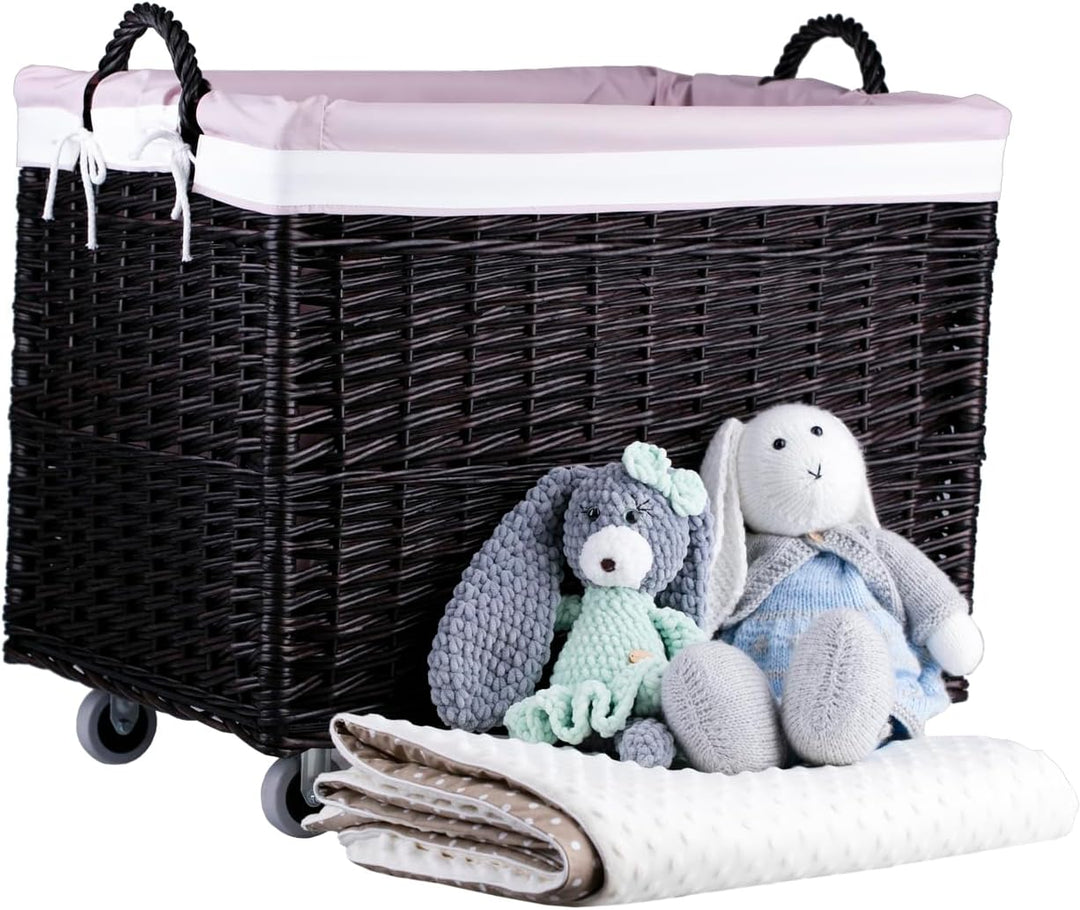 e-wicker24 Aufbewahrungstruhe, Wäschekorb, rechteckig, Weidenkorb mit Rollen und Stofffutter, Aufbew