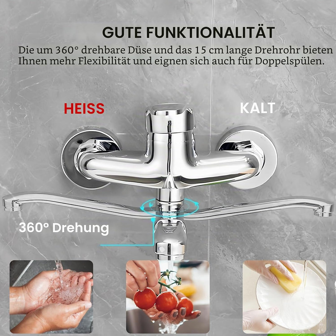 Wasserhahn Wandmontage, Küchenarmatur Wandmontage, 360° Drehbar Wasserhahn Küche Wandarmatur, Spülti