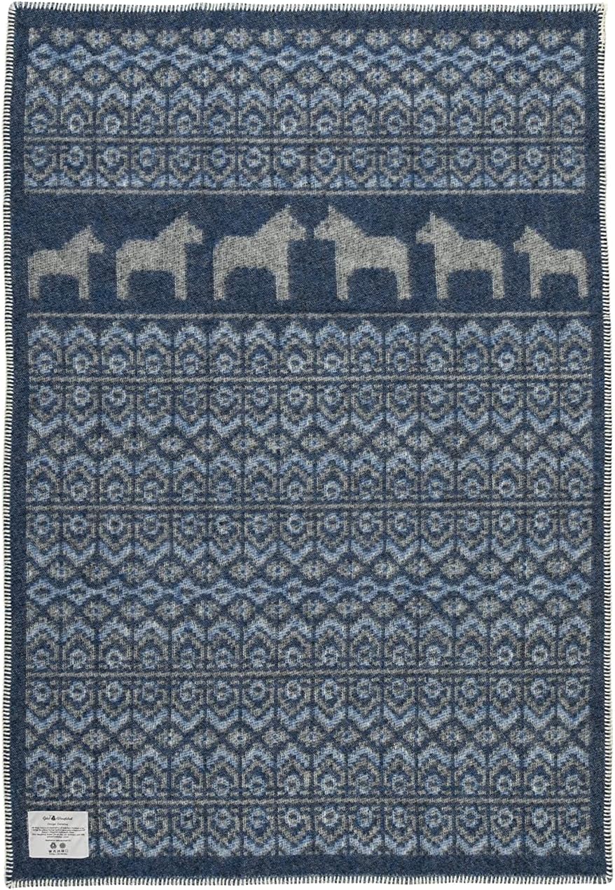 ÖJBRO VANTFABRIK "Dalarna Blå gewebte Wolldecke 90x130 cm Natur/blau/schwarz 100% Merinowolle Strick