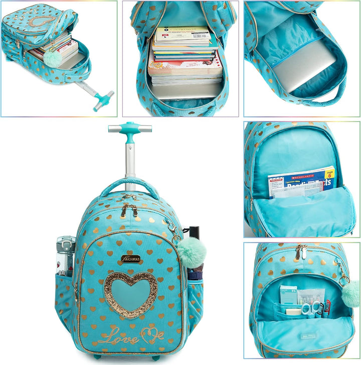 HTgroce Schulranzen mit Rollen für Mädchen, Kinderrucksack mit Rollen Trolley Schulrucksack für Mädc