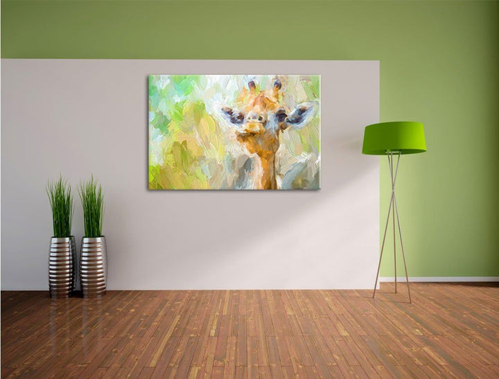Pixxprint Giraffe in der Natur Kunst Pinsel Effekt, Format: 100x70 auf Leinwand, 100x70