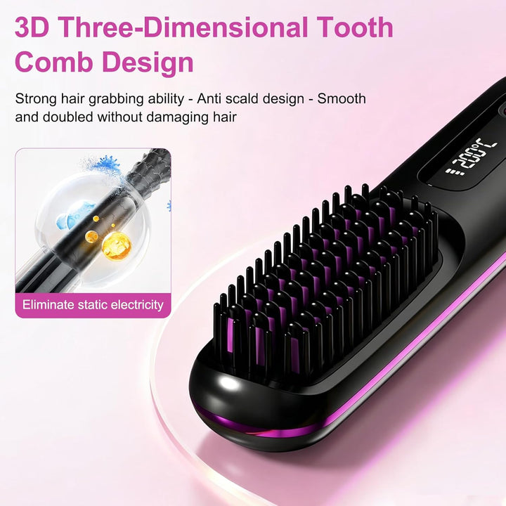 2026 Stylingbürste für kurze Haare Kabellos, LCD Display Glättungsbürste mit 3 Temp-Stufen (160-200°
