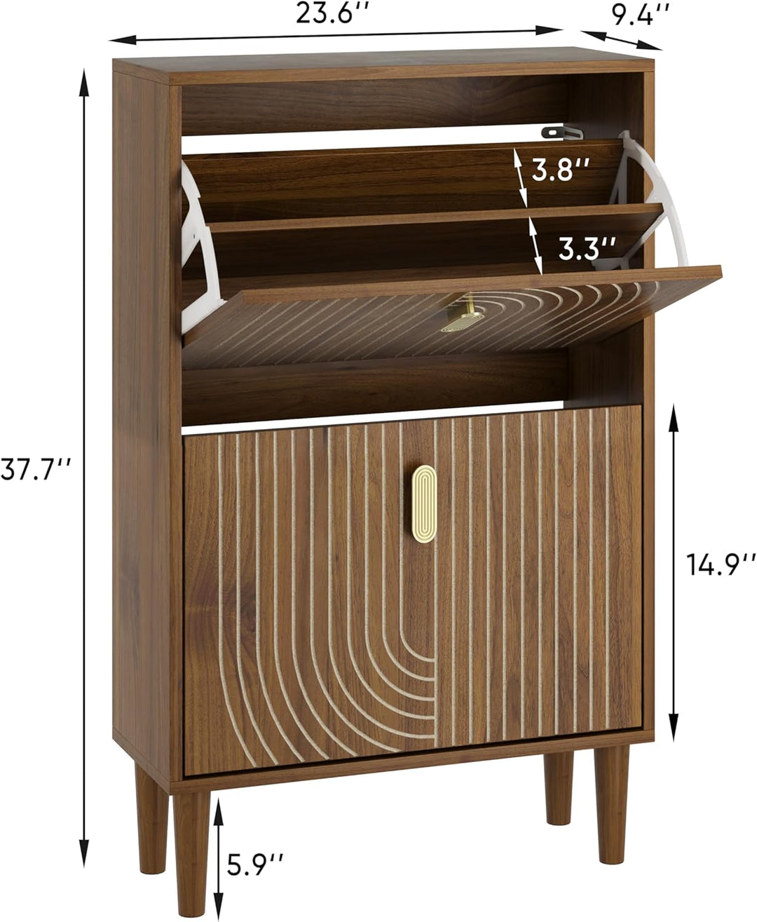 Smuxee Schuhschrank mit 2 Klappfächern, 60 cm Nussbaum Optik Schuhschrank mit Rillendesign, freisteh
