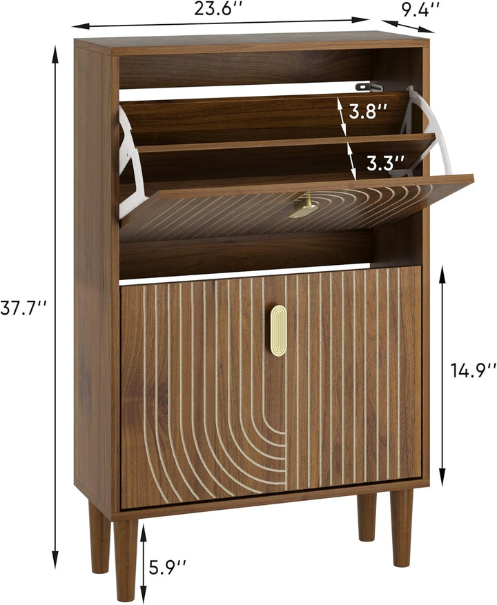 Smuxee Schuhschrank mit 2 Klappfächern, 60 cm Nussbaum Optik Schuhschrank mit Rillendesign, freisteh