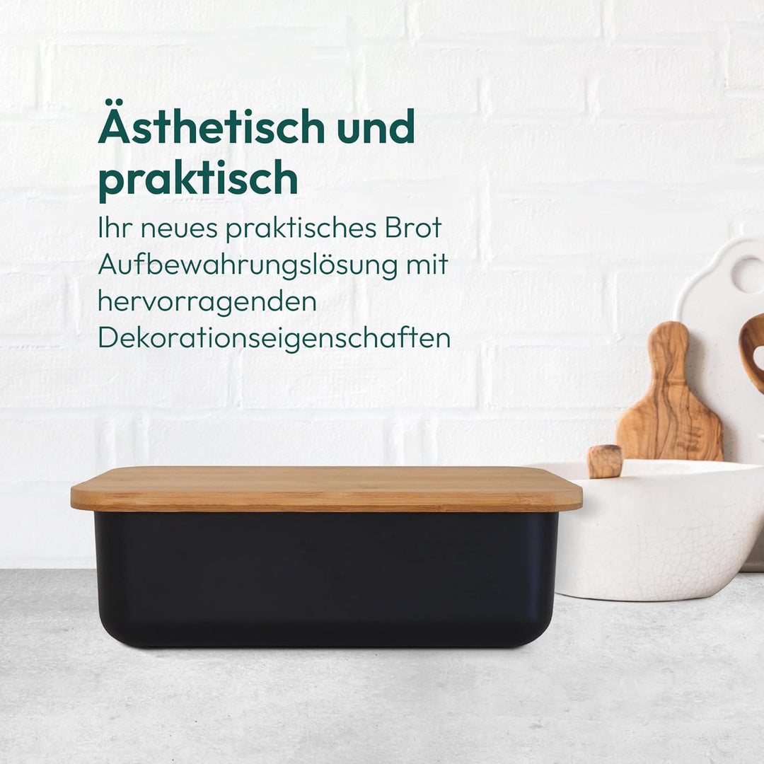Gadgy Brotkasten Bambus - Brotdose mit Schneidebrett und Deckel - Brotkasten Schwarz - Luftdicht, Fr