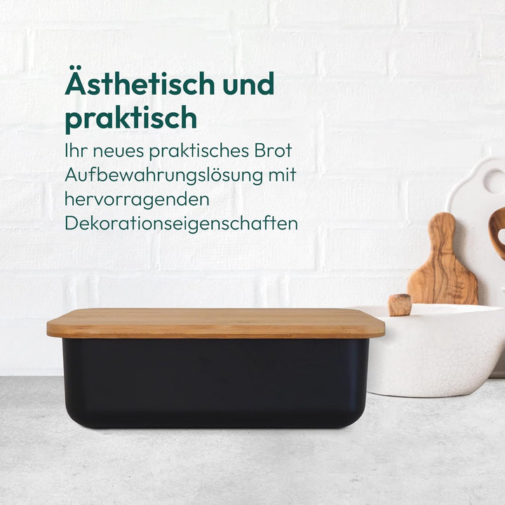 Gadgy Brotkasten Bambus - Brotdose mit Schneidebrett und Deckel - Brotkasten Schwarz - Luftdicht, Fr