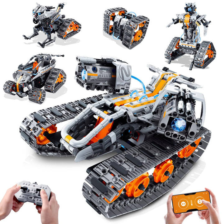 Technik Roboter für Kinder mit LED Licht, 5-in-1 APP und Fernbedienung Bausatz RC Robot/Tracked/Race