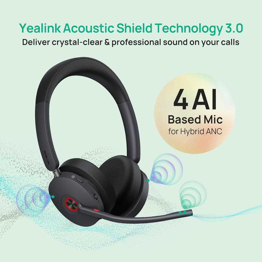 Yealink WH68 ANC DECT Kabelloses Headset mit Mikrofon, 4X AI-Mic mit Geräuschunterdrückung, 185m Rei