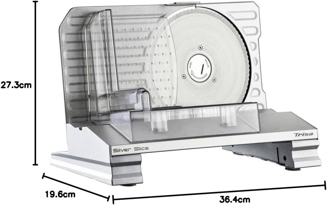 Trisa Silver Slice Allesschneider Elektrisch – Aluminiumguss, 150W Induktionsmotor, Edelstahl-Wellen