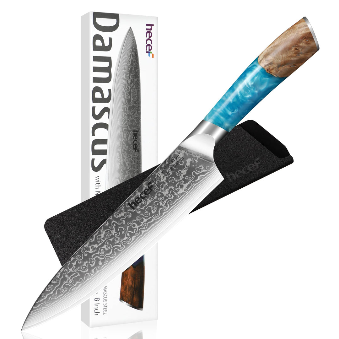 hecef Damastmesser, Kochmesser Profi Messer mit Ergonomischem Harzgriff, 67 Lagen Damast Küchenmesse