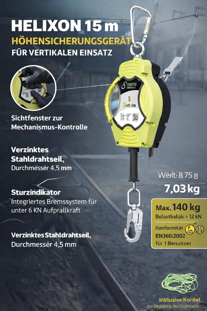 Kratos Safety Helixon Stahldrahtseil Höhensicherungsgerät mit automatischem Rückzug, 15 m, Vertikale