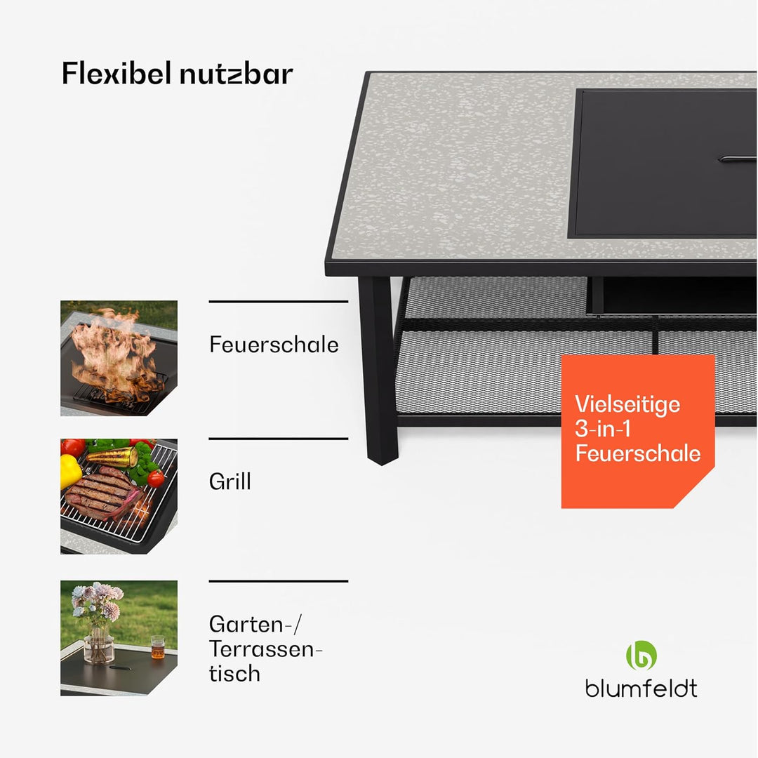 Blumfeldt Merano Avanzato L Feuerschale - 3-in-1 Feuerschale mit Grillrost & Tisch, robuster Stahlra