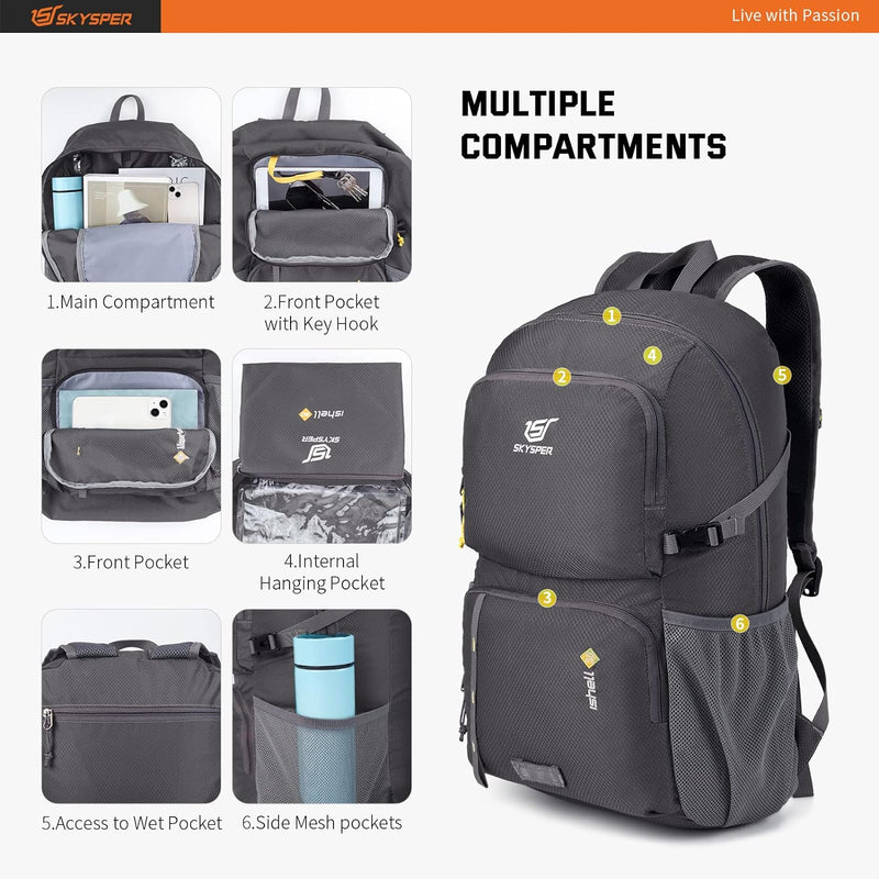 SKYSPER Faltbarer Rucksack Ultraleicht mit Nassfach Verstaubar Daypack Wasserfest Reiserucksack Tage