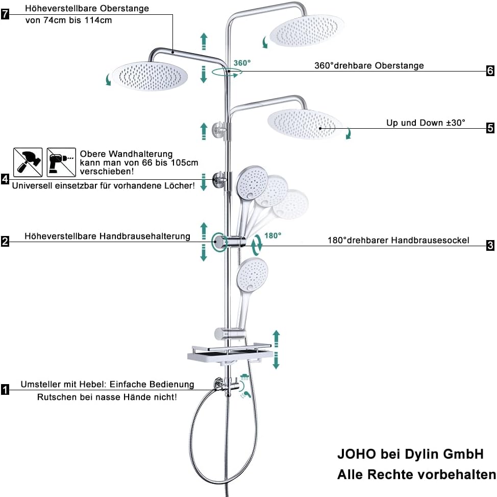 JOHO Edelstahl Regenduschset Duschsystem ohne Armatur, Duschset Duschstange mit Ablage Chrom(Kopfbra