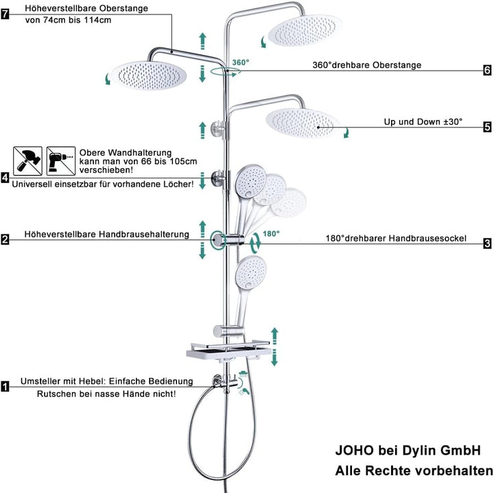 JOHO Regendusche Duschsystem ohne Armatur, Rain Shower Duschset Überkopfbrauseset aus Edelstahl mit