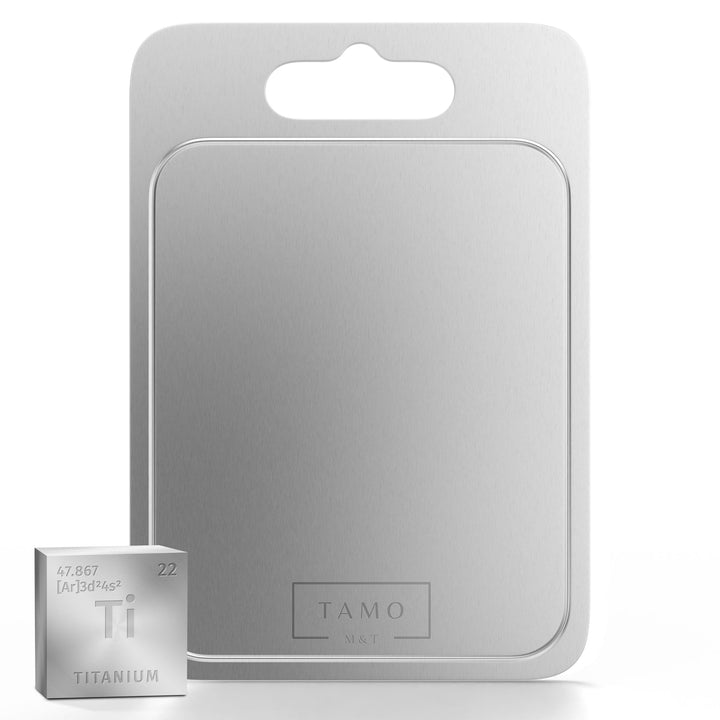 TAMO Titan Schneidebrett, mit Saftrille, aus 100% reinem Titan, hygienisch, antibakteriell & langleb