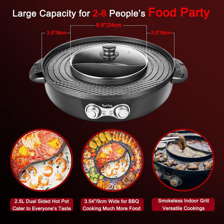 Food Party Hot Pot und Tischgrill Elektrisch Hotpot Topf Elektrogrill 220V 2200W 2 in 1 Electric Hot