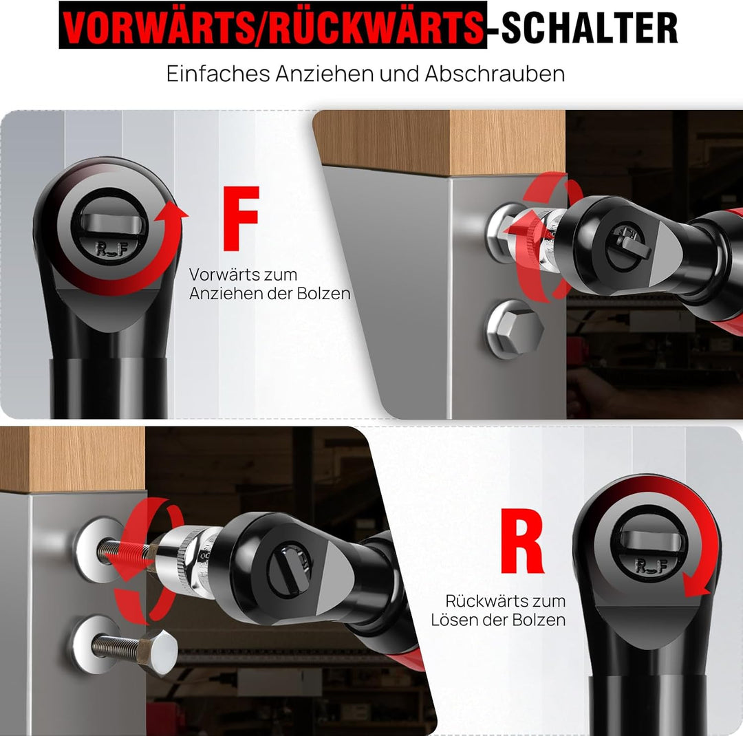12V Akku Ratschenschlüsse 3/8 Zoll, 40Nm Elektrischer Ratschenschlüssel 2 x 1500mAh Akku, 7 Steckdos