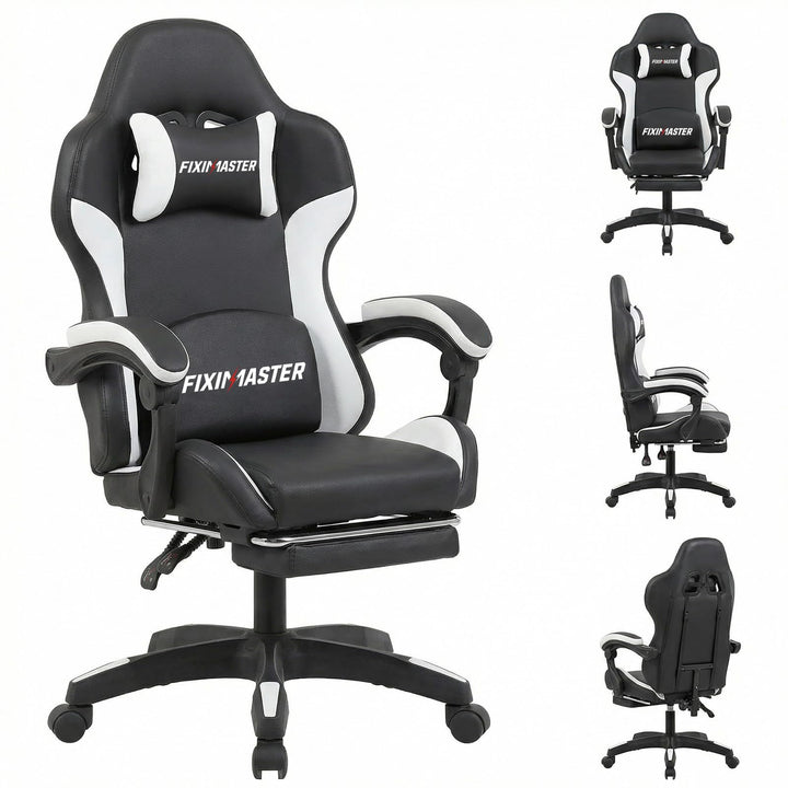 Bürostuhl Ergonomisch mit Fussstütze, Schreibtischstuhl, Racing-Design, Lenden- und Kopfstütze, PU-K