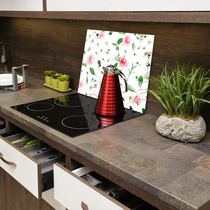 SmartDecoration Herdabdeckplatte Ceranfeldabdeckung aus Glas 60x52 cm Einteilig Motiv "Blumen" Weiss