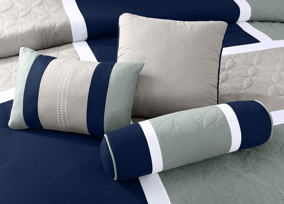 Chezmoi Collection Upland Steppdecken-Set, 7-teilig, Marineblau/Blau/Grau Full Marineblau/Blau/Grau,