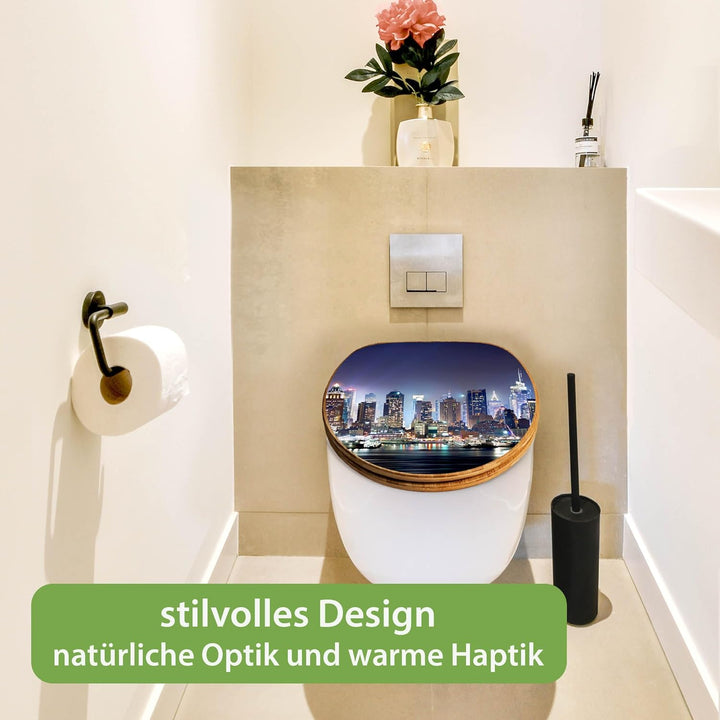banjado® Design WC Sitz Bambus Absenkautomatik mit Motiv New York/Toilettendeckel mit Absenkautomati