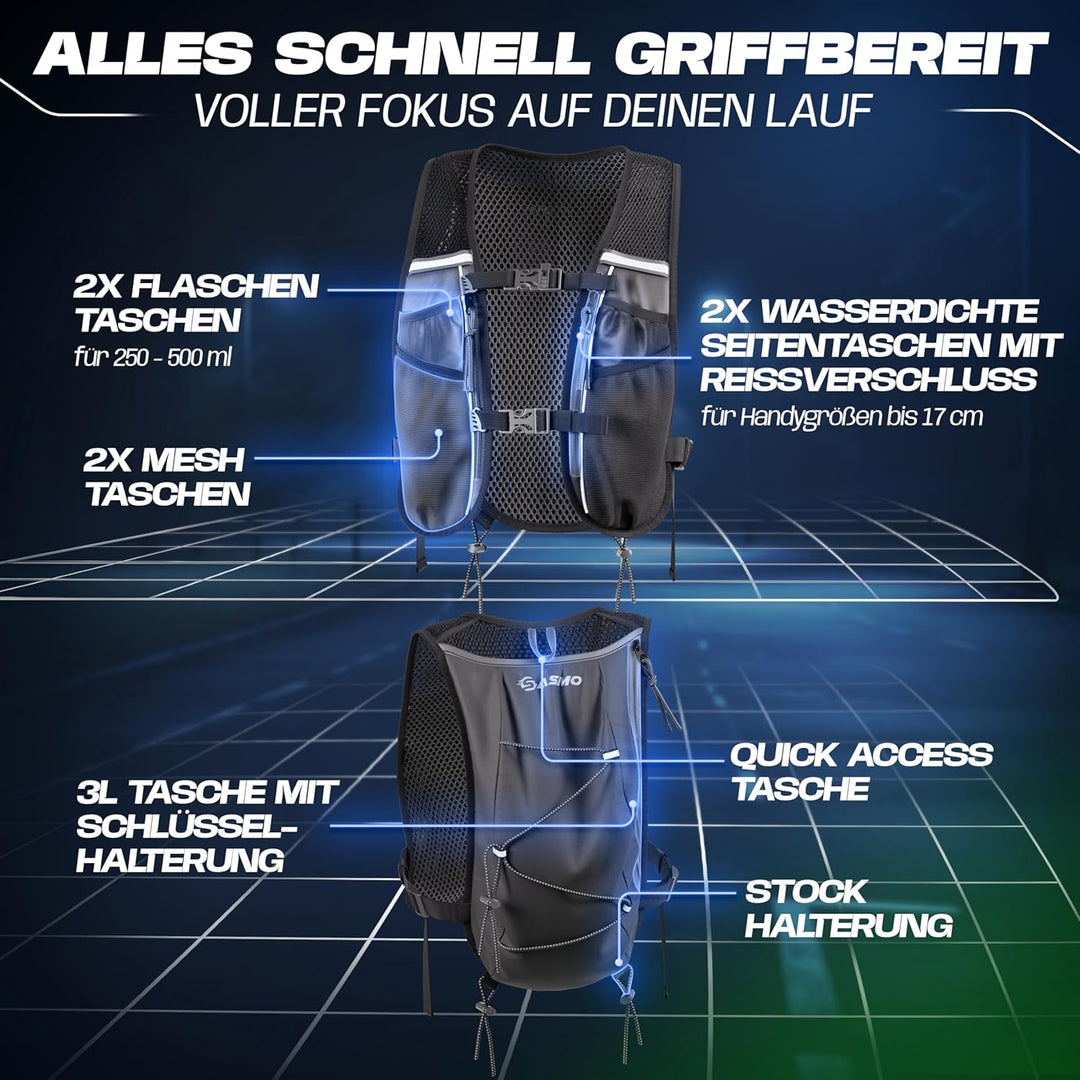 SASMO® Laufweste Damen &amp; Herren 5L / 2L | Running Vest - Ultraleicht &amp; atmungsaktiv| Laufrucksack Da