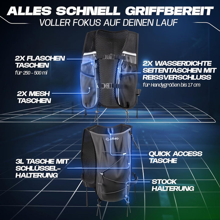 SASMO® Laufweste Damen &amp; Herren 5L / 2L | Running Vest - Ultraleicht &amp; atmungsaktiv| Laufrucksack Da