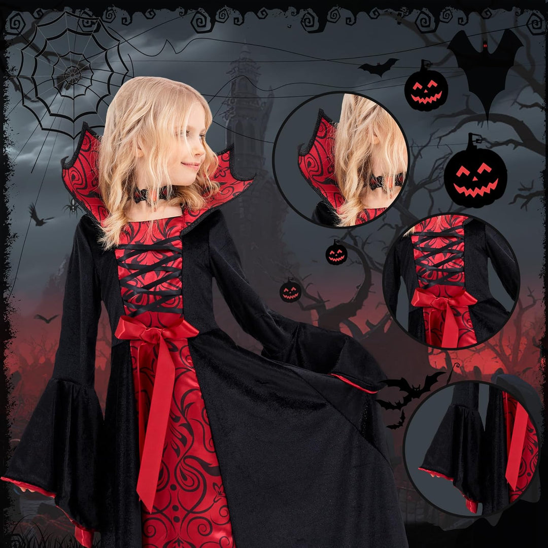 Funnlot Vampir Kostüm Mädchen Gothic Halloween Kostüm Kleid mit Vampir Zähne Kinder Karneval Faschin
