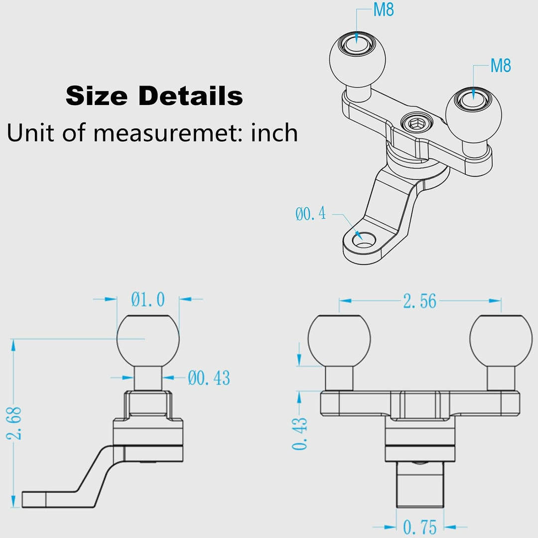 BRCOVAN Aluminiumlegierung Rückspiegel-Montagebasis mit Zwei 1-Zoll-TPU-Kugel und 10-mm-Loch, Kompat