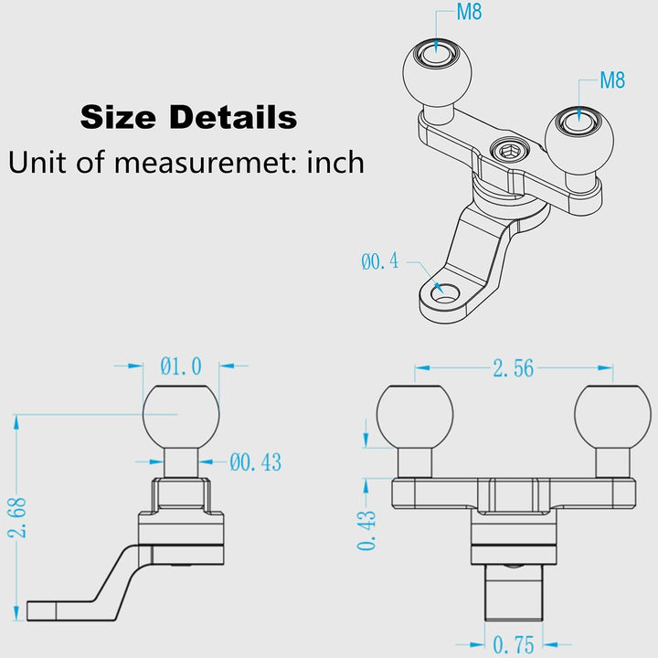 BRCOVAN Aluminiumlegierung Rückspiegel-Montagebasis mit Zwei 1-Zoll-TPU-Kugel und 10-mm-Loch, Kompat