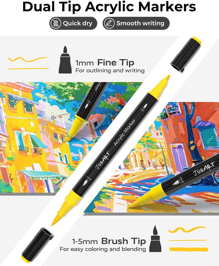 JusArt 48 Acrylstifte mit Doppelspitze, Pinsel und feine Spitze, Acrylic Marker Wasserfest, Premium-