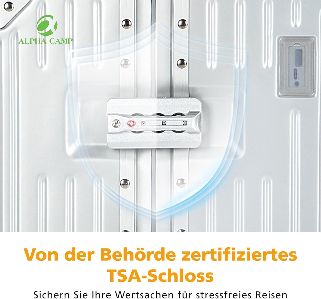 ALPHA CAMP Koffer XL Aluminium Rahmen & Polycarbonat Hartschale mit TSA Schloss Koffer Silber Gross