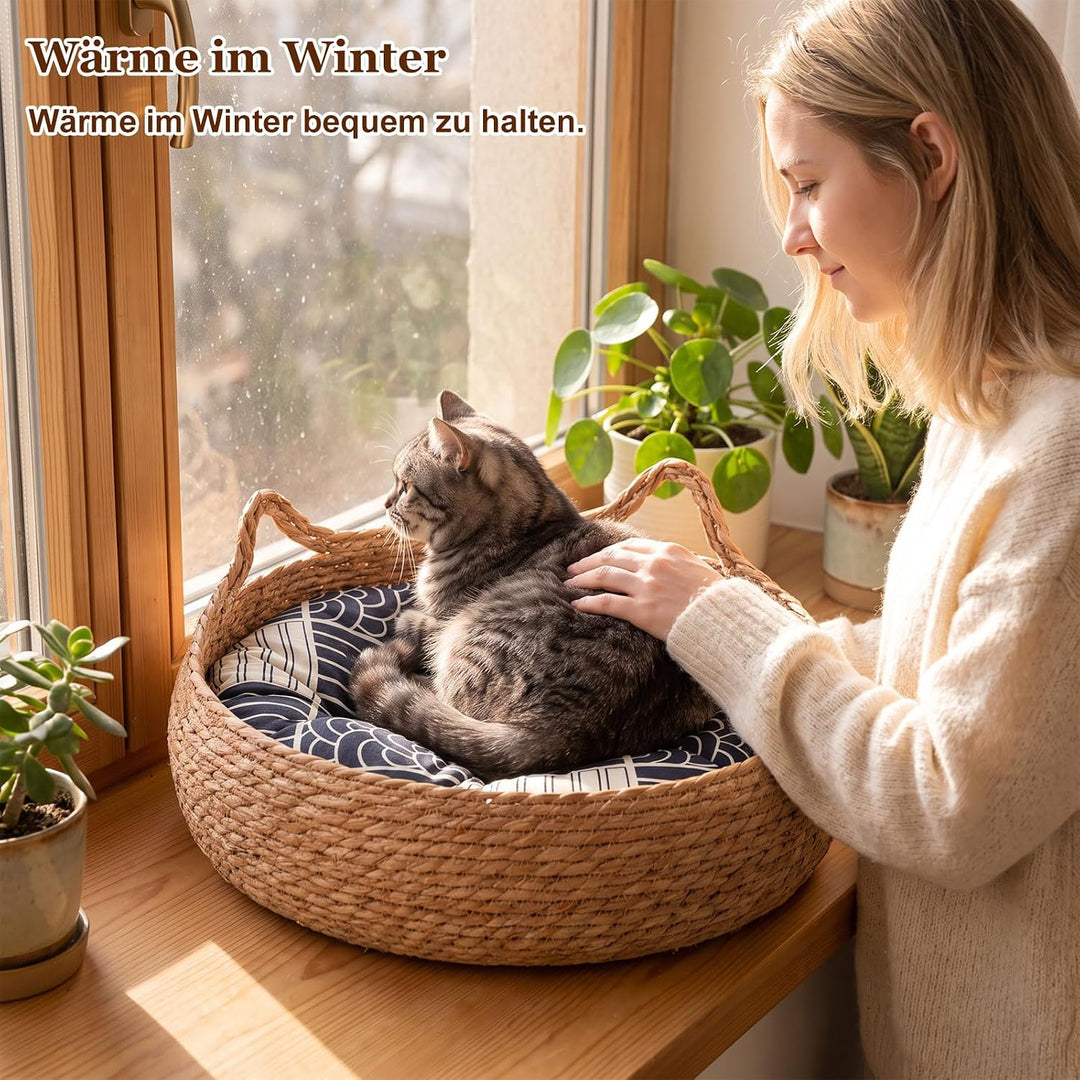 Katzenkorb Geflochten, Ø42cm Katzenbett mit Wendbarem Kissen &amp; Kühlmatte, Waschbares Haustierbett fü