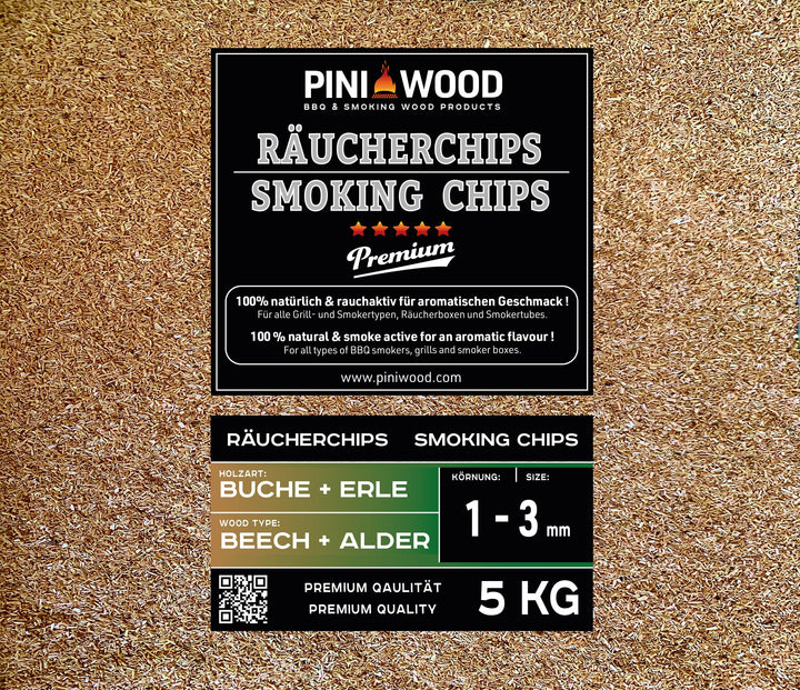 PINI 5 Kg Räucherchips Buche und Erle gemischt 1-3 mm Smoking Dust Räucherspäne 18 Liter