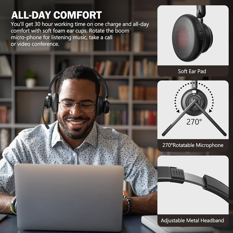 seenda Kabelloses Headset mit Mikrofon Bluetooth 5.3 Headset mit AI Geräuschunterdrückung mit Blueto