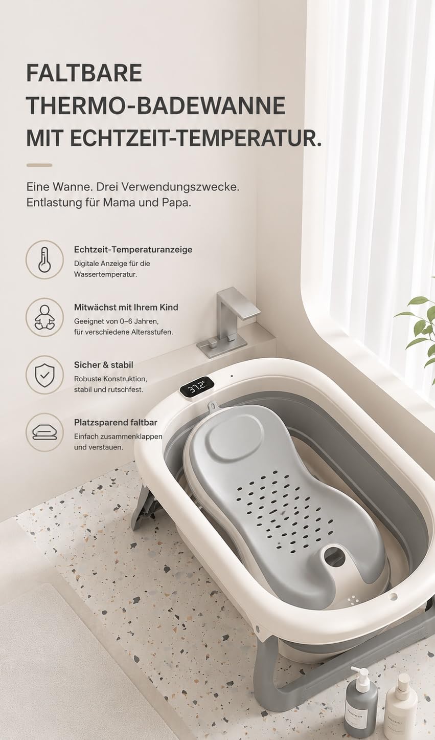 Faltbare Babybadewanne aus TPE+PP, weiche tragbare Wanne mit Badnetz &amp; Kissen, rutschfestes Design,