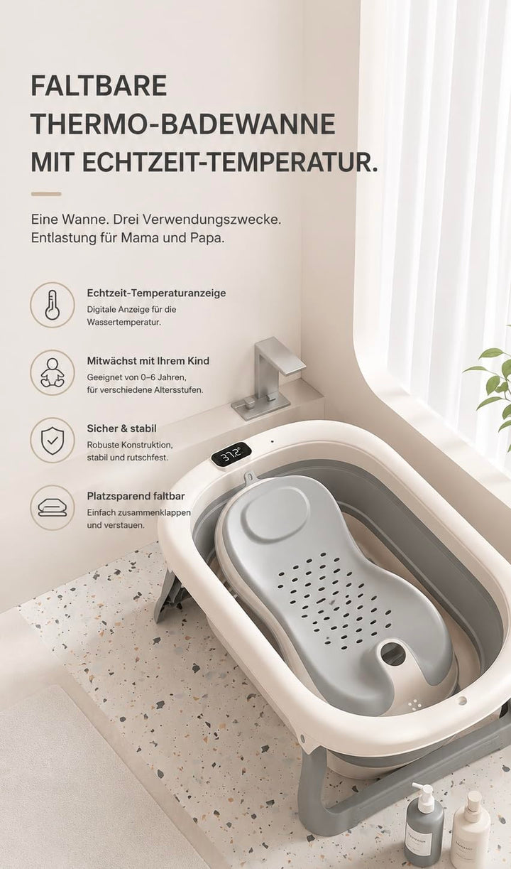Faltbare Babybadewanne aus TPE+PP, weiche tragbare Wanne mit Badnetz &amp; Kissen, rutschfestes Design,