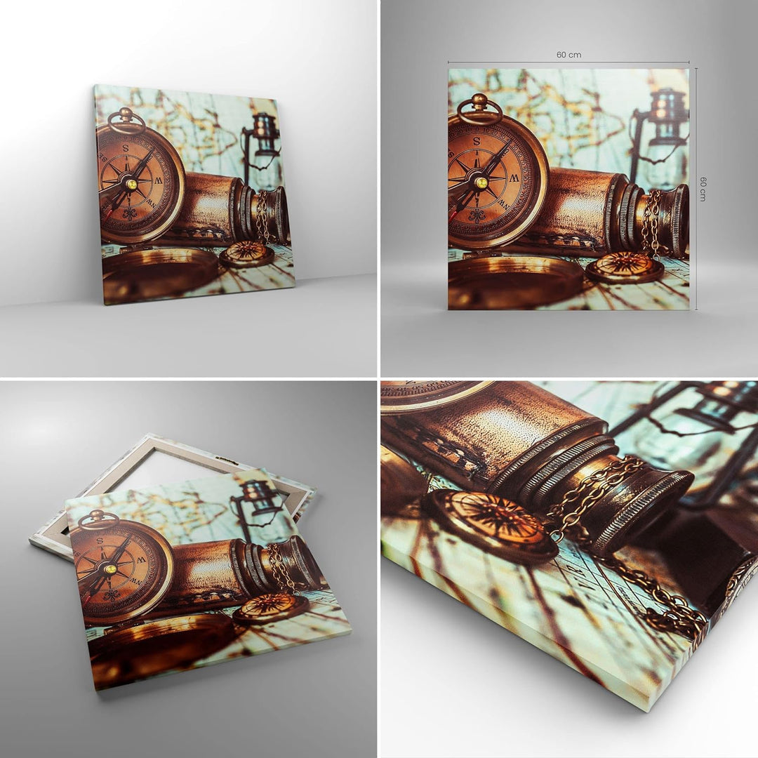 Bilder auf Leinwand Kompass Teleskop Abenteuer antik Leinwandbild 60x60cm Wandbilder Dekoration Wohn