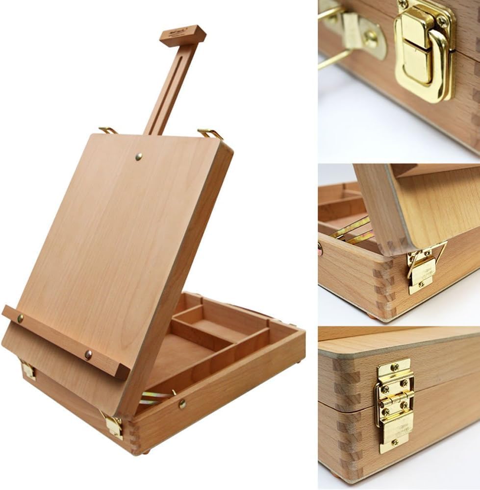 Staffelei Holz, Tischstaffelei mit Skizzenkoffer aus Buchenholz, 2-in-1 Staffelei &amp; Aufbewahrungsbox