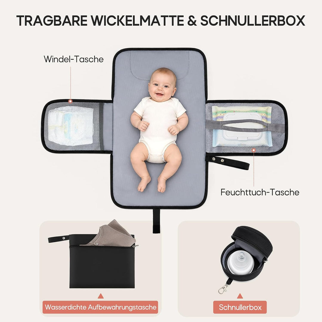 RAINSMORE Wickelrucksack Gross Baby Wickeltasche mit Wickelunterlage Schwarz | Wasserdichte Wickelta