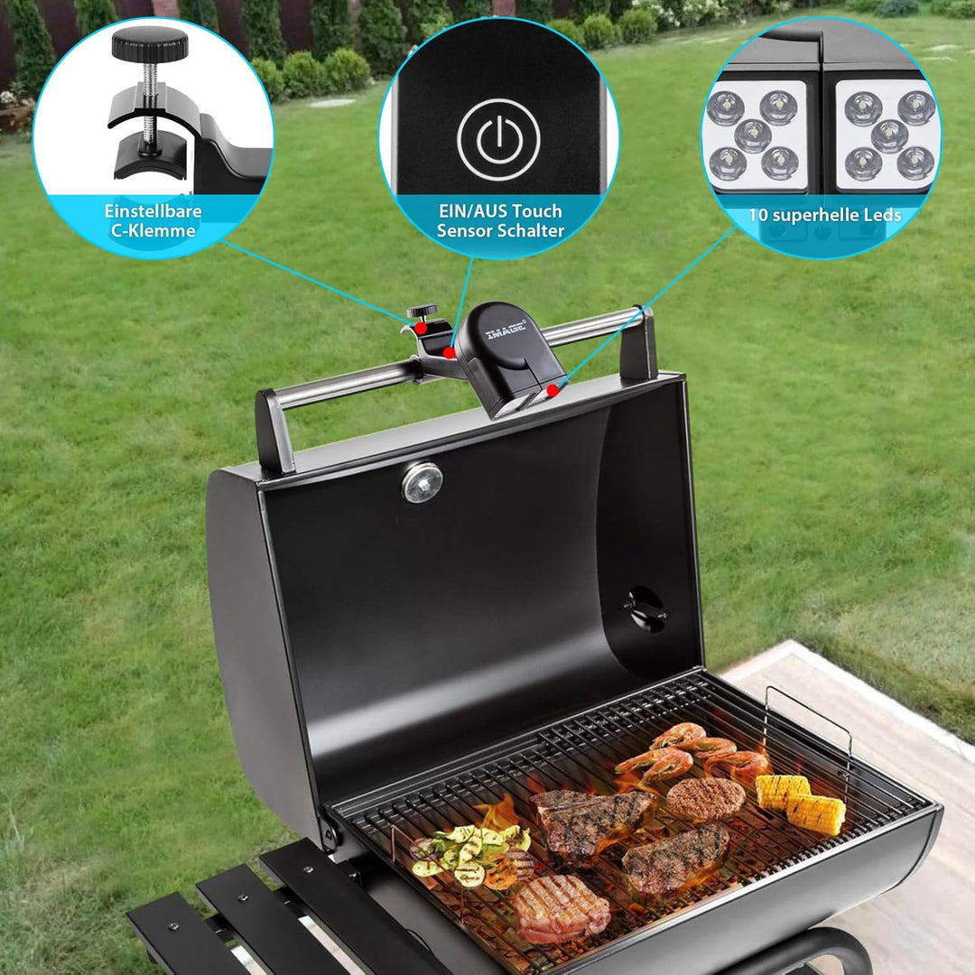 Grilllampe Grill Licht 10 LEDs verstellbare BBQ Grillbeleuchtung mit Touch Schalter und C-Klemme Bef
