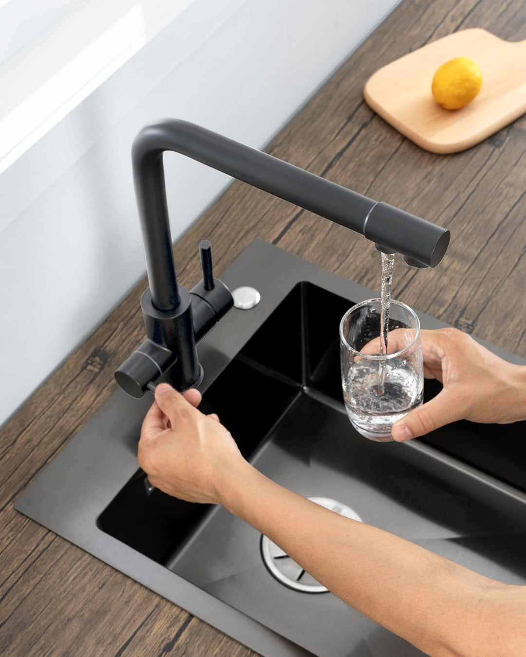 3 Wege Wasserhahn Küche Schwarz, Küchenarmatur Mit 2 Hebel, Mischbatterie Küche Mit Heissem Und Kalt