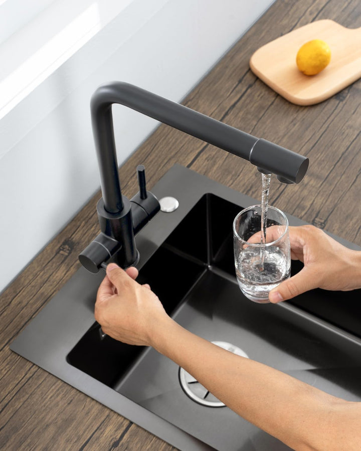 3 Wege Wasserhahn Küche Schwarz, Küchenarmatur Mit 2 Hebel, Mischbatterie Küche Mit Heissem Und Kalt