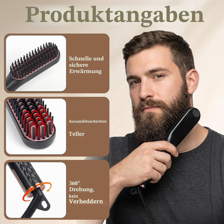 Bartglätter für Männer, 3 in 1 Mini Elektrische Bart Glätteisen, Elektrischer Haarglätter Bart Bürst