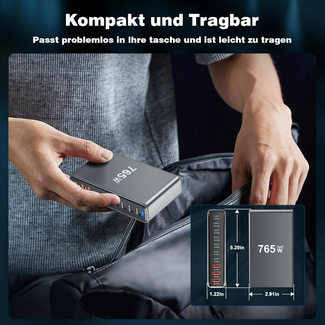 765W USB C Ladegerät Mehrfach,PD 140 W Schnellladegerät 10 Ports Ladestation GaN-III Charger with 7