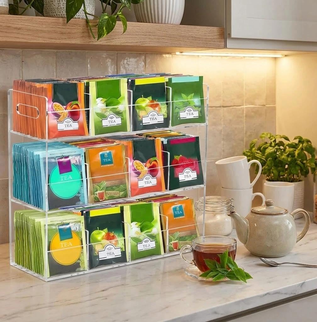 Teebeutel Organizer aus Transparentem Acryl, 12-Fach Teebox für 200+ Teebeutel, Stapelbare Tee Aufbe