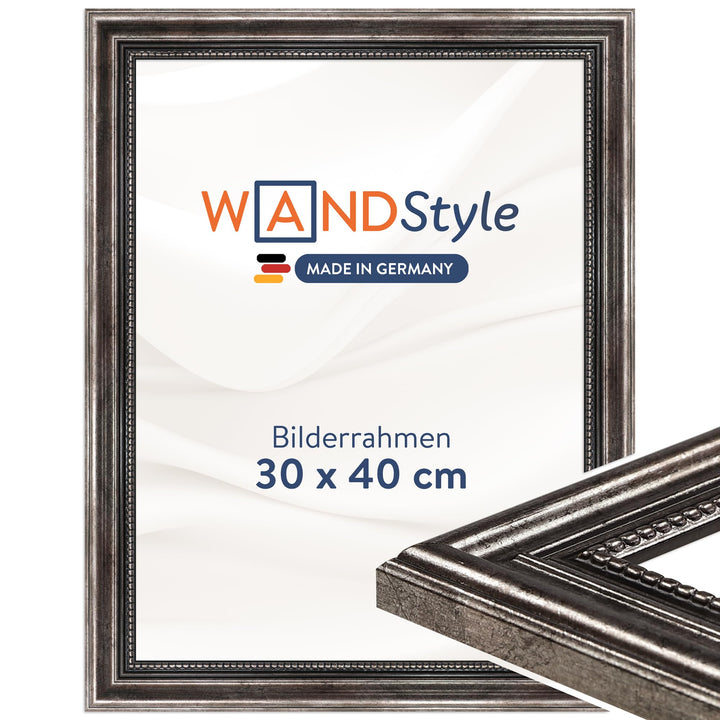 WANDStyle Bilderrahmen Metall-Optik 30x40 cm aus Holz im Antik-Stil zum Aufhängen, Fotorahmen Made i
